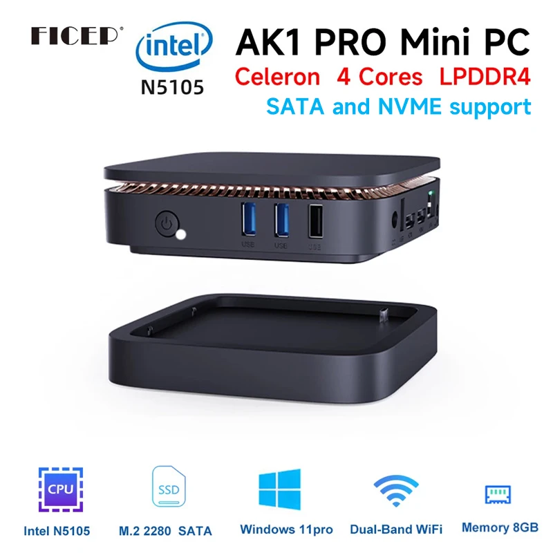 Ficep-Mini Pc AK1 Pro, Windows 11 Pro, Intel Celeron N5105 DDR4, 8GB,...