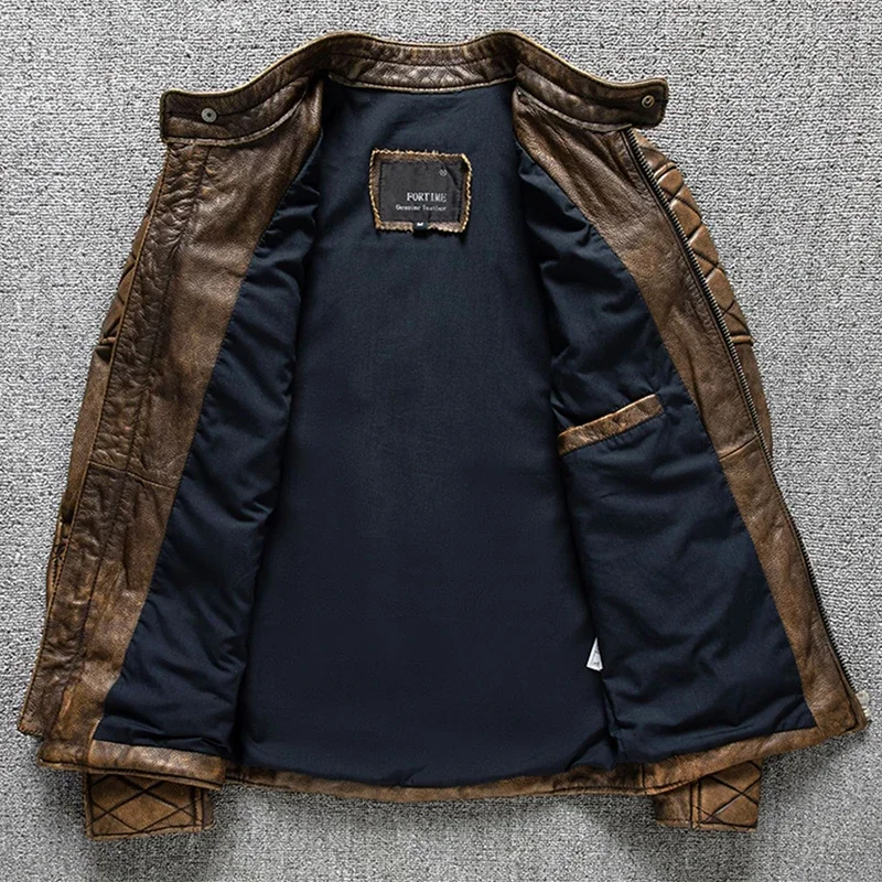 Винтажная мужская кожаная куртка желто-коричневого цвета толстая байкерская из