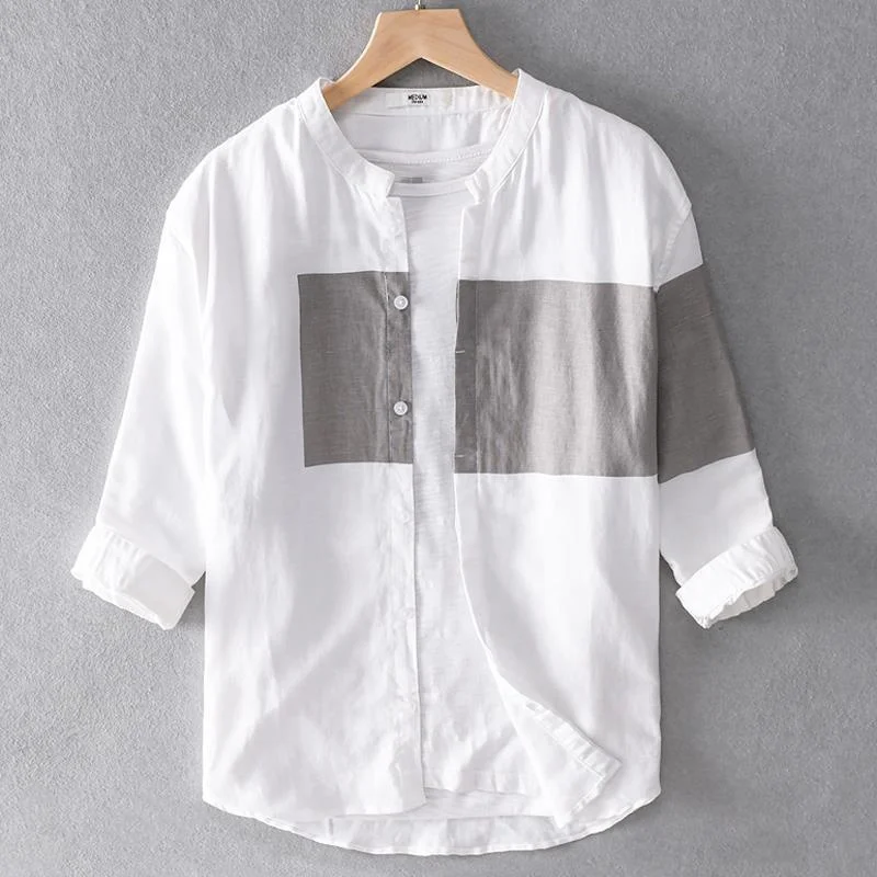 

Personalized Personality Seven -point Sleeve Flax Summer Non -collar Cotton And Linen Men's Trendy Handsome Shirt