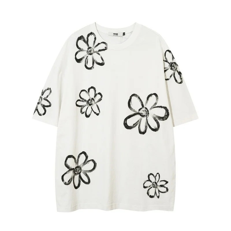 

Flower Graffiti Short-sleeved T-shirt Men's Ins Lazy Fashion Brand Loose Round Neck Half Sleeve Summer Trend Five-point Sleeve