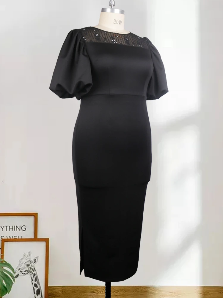 Curve Dress Office Lady Black Short Lantern Sleeve Elegance Lace Patchwork Bodycon Long Dresses Plus Size 4XL 5XL Summer 2023