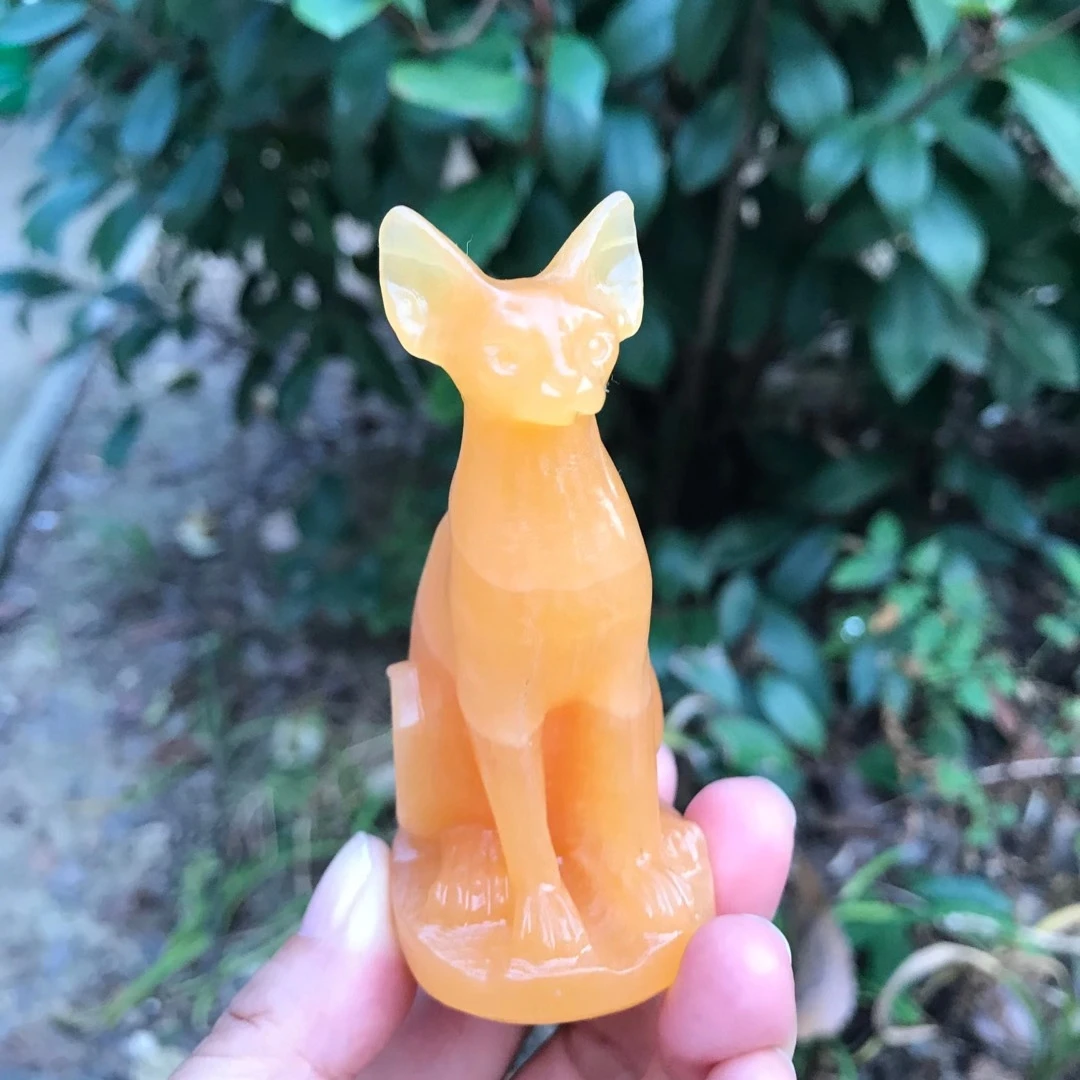 

90mm Natural Yellow Calcite Egypt Cats Crystal Carving Healing Statues Office Desktop Ornaments Craft Home Room Decoration 1pcs