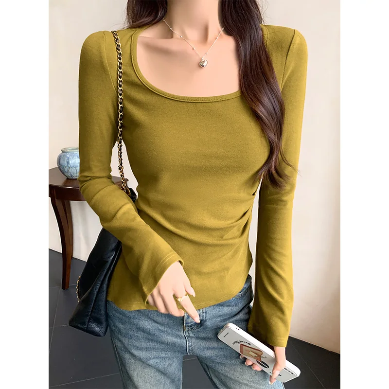 Женская облегающая футболка с длинным рукавом и квадратным вырезом