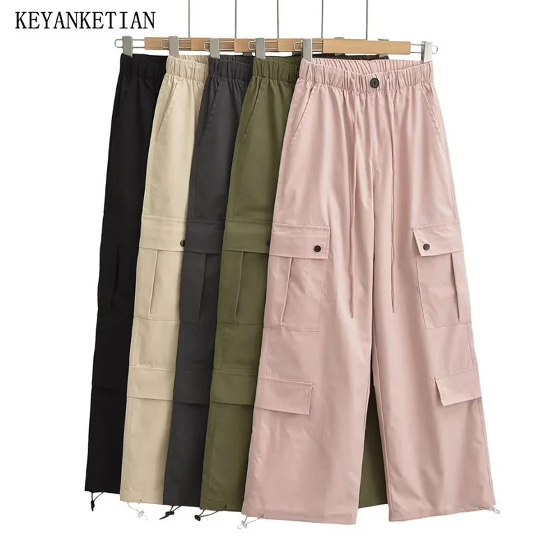 KEYANKETIAN Women Pocket Decorated Overalls American Street Style Elastic High Waist Solid Color Loose Straight Pants Adjustable