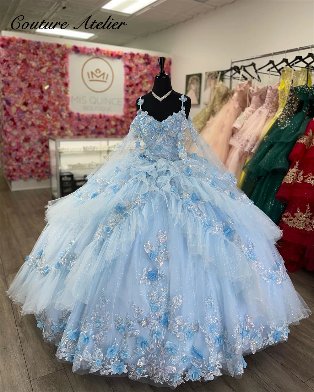 

Spaghetti 3D Flowers Ruffels Quinceanera Dresses Sky Blue For Short Girls Sweet 16 Dresses Luxious Birthday Dress vestido azul