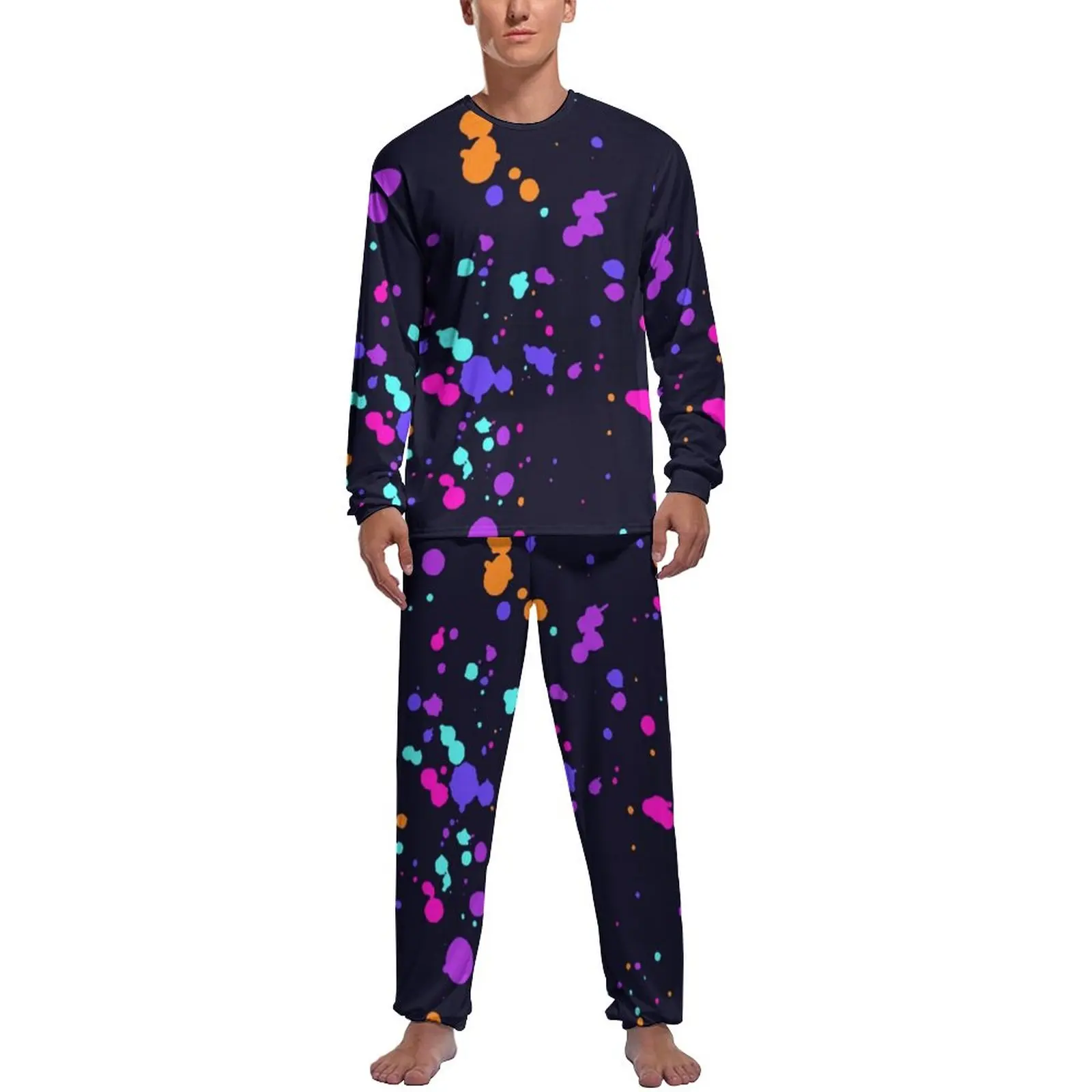 Colorful Splash Pajamas Long-Sleeve Trippy Print 2 Piece Home Pajama Sets Daily Male Graphic Kawaii Sleepwear