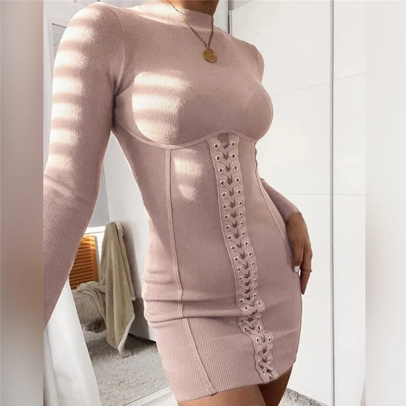 

Women Casual Knitted Dresses Autumn Winter Turtleneck Full Sleeve Skinny Stretchy Mini Bodycon Ribbed Bandage Drawstring Dresses