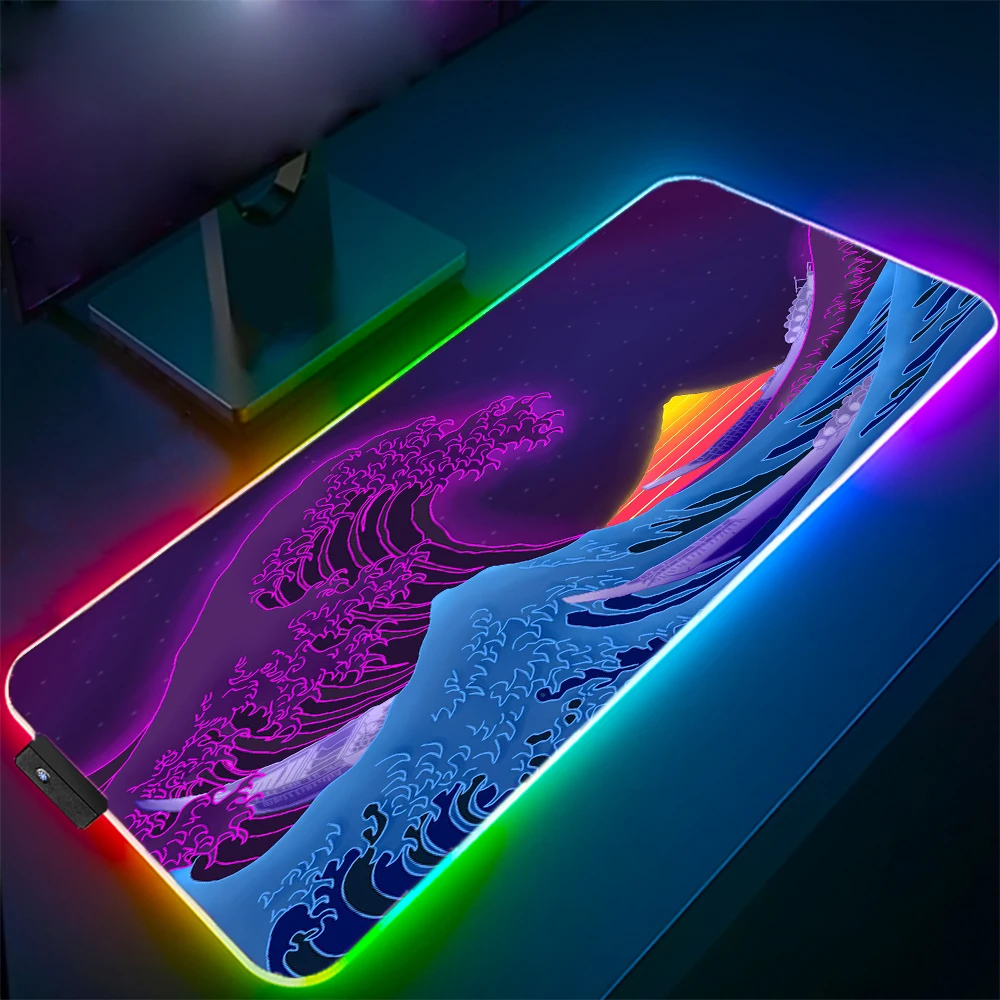 

MRGLZY 90x40CM Japan Art Wave Rgb Gaming Mouse Pad Locking Edge Laptop PC Gamer Keyboard Mat LED Desktop Gaming Accessories Desk