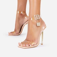 2022 fashion metal clock beside buckle woman square toe sandals super high thin heel pvc summer sandals shoes