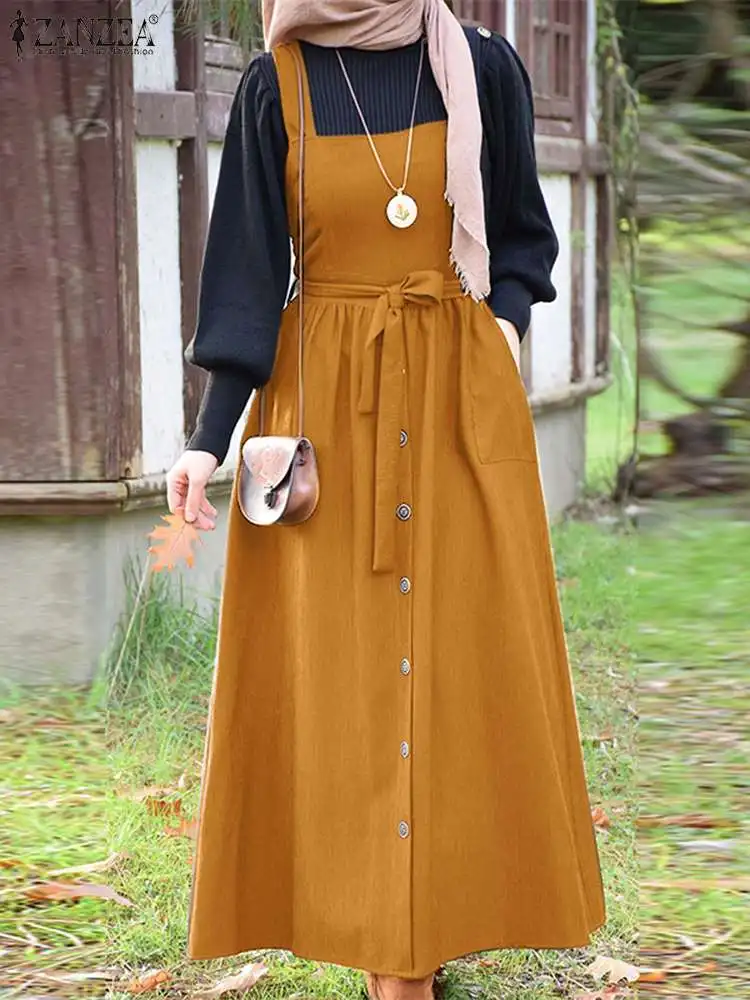 

2022 ZANZEA Women Sleeveless Square Neck Solid A-line Sundress Dubai Turkey Abaya Hijab Vestido Sarafans Muslim Overalls Dress