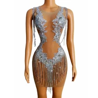 perspective bodycon rhinestone tassel dress women sexy dress party singer dance outfit stage nightclub costume