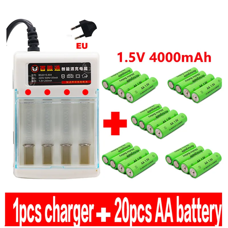 

100% New AA battery 4000mAh rechargeable battery AA 1.5V Rechargeable New Alcalinas drummey +1pcs 4-cell battery charger