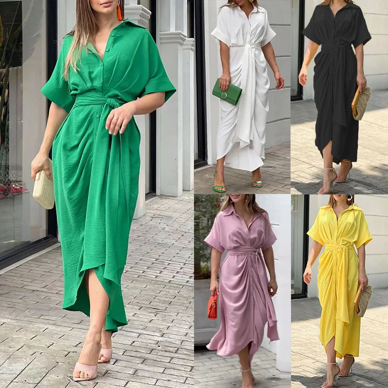 

Elegant Shirt Dress Solid Color Single Breasted Pleated Lace-Up Waist Retraction 2023
