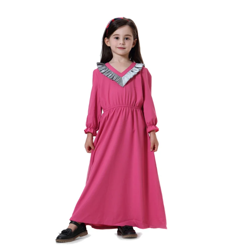 Muslim Kids Girls V-neck Long Sleeve Dress Middle East Arab Dubai Ramadan Kaftan Children Abaya Dress Islamic Robe Clothes