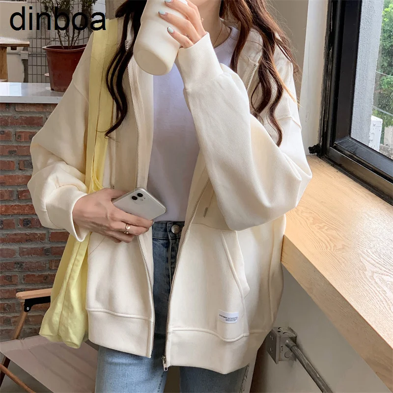 

Dinboa-autumn Chic Zip-up Hoodies Female Casual Street Loose Thin Blue Grey Apricot Sweatshirt Pocket Hooded Y2k Women Vests