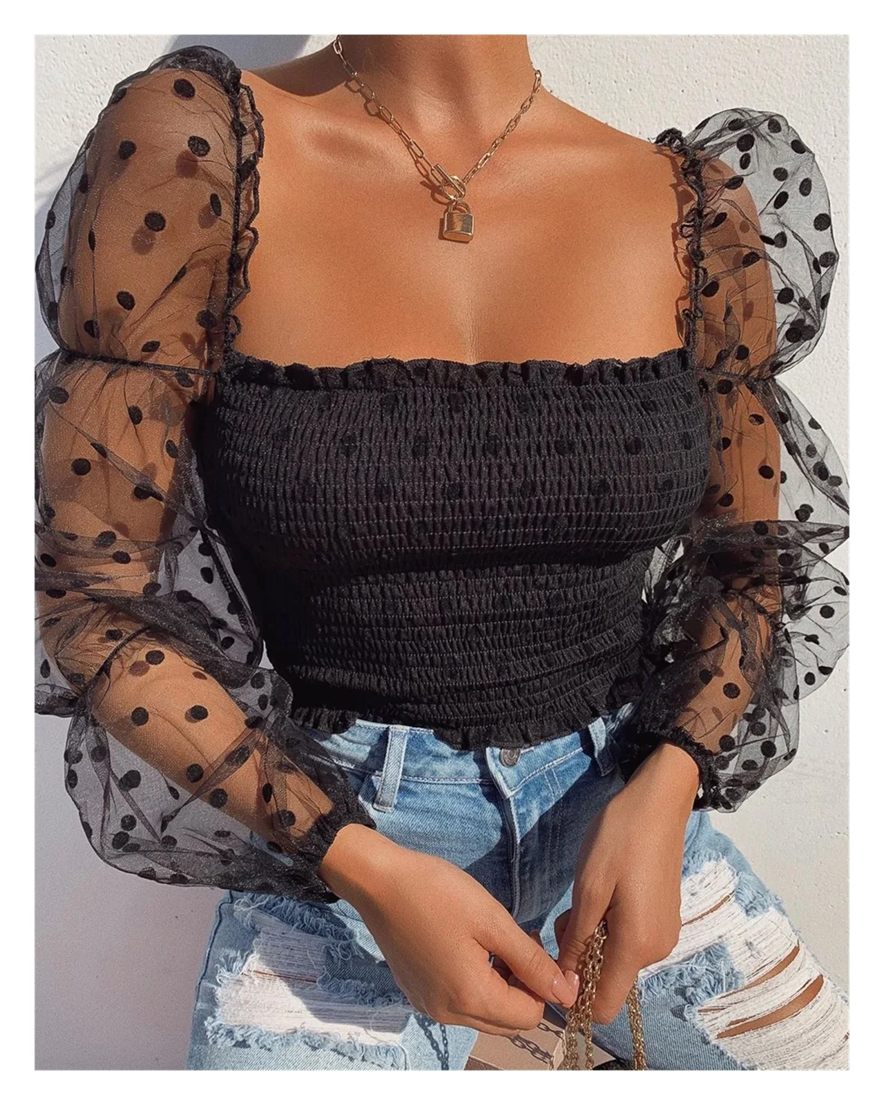 

2022NEW Women Mesh Sheer Blouse Chiffon See-through Long Sleeve Top Shirt Blouse Fashion Organza Transparent White Shirt Female