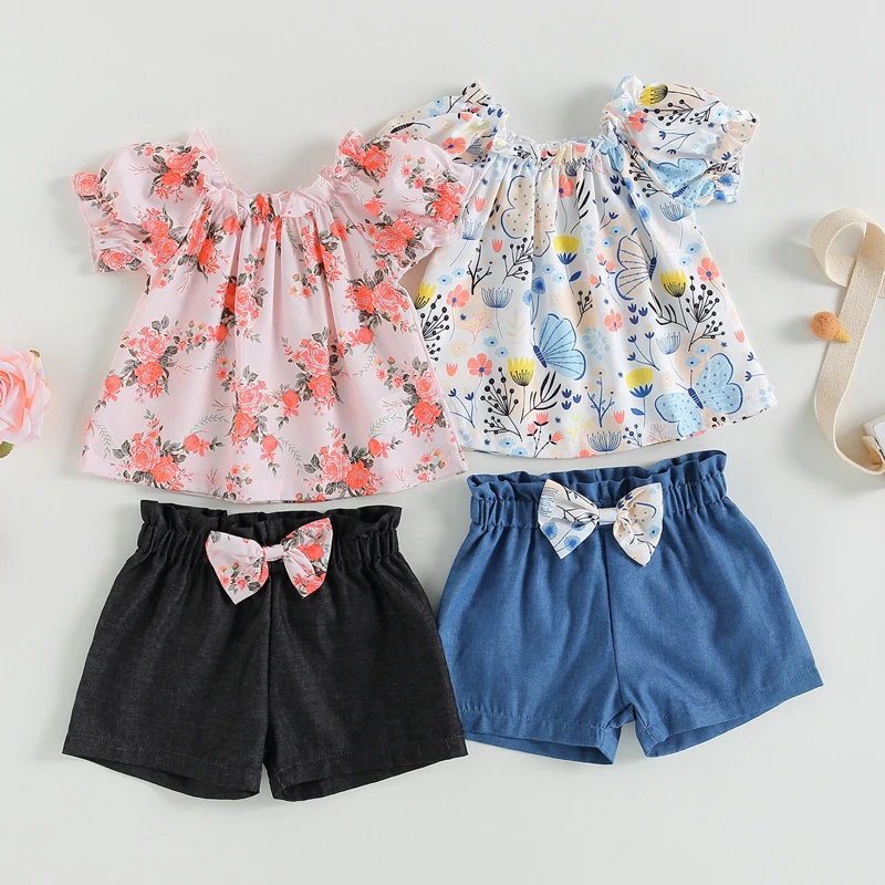 

1-4T Kids Girls Summer Clothes Outfits Floral Print Elastic Collar Short Puff Sleeve Tops Bow Elastic Waist Shorts 2Pcs Suit