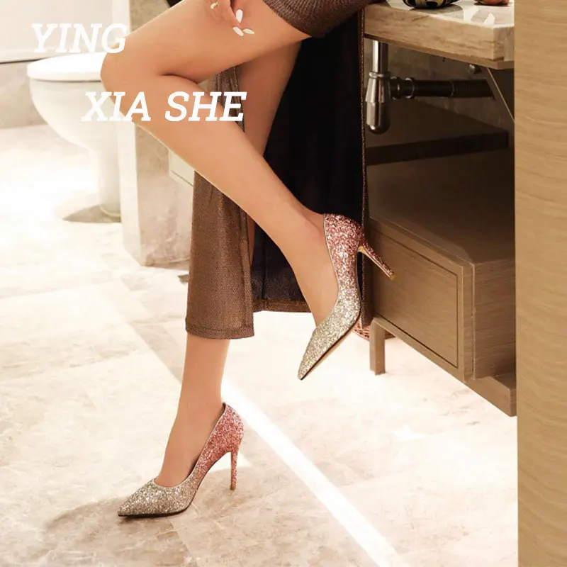 

High quality women's shoes Sequined party sexy heels Large size women's shoes 34-43