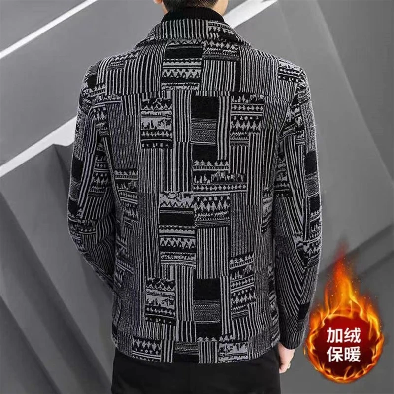 Autumn and Winter New Fleece-lined Thickened Lapel Jacket Men's Korean Sle Trendy Slim fit Plaid Short Woolen Coat