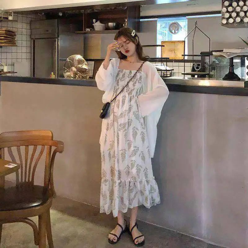 

Summer New Printing Pleated Sleeveless Slip Dress Thin Chiffon Solid Loose Tops Two Piece Set Casual Fashion Women Clothing