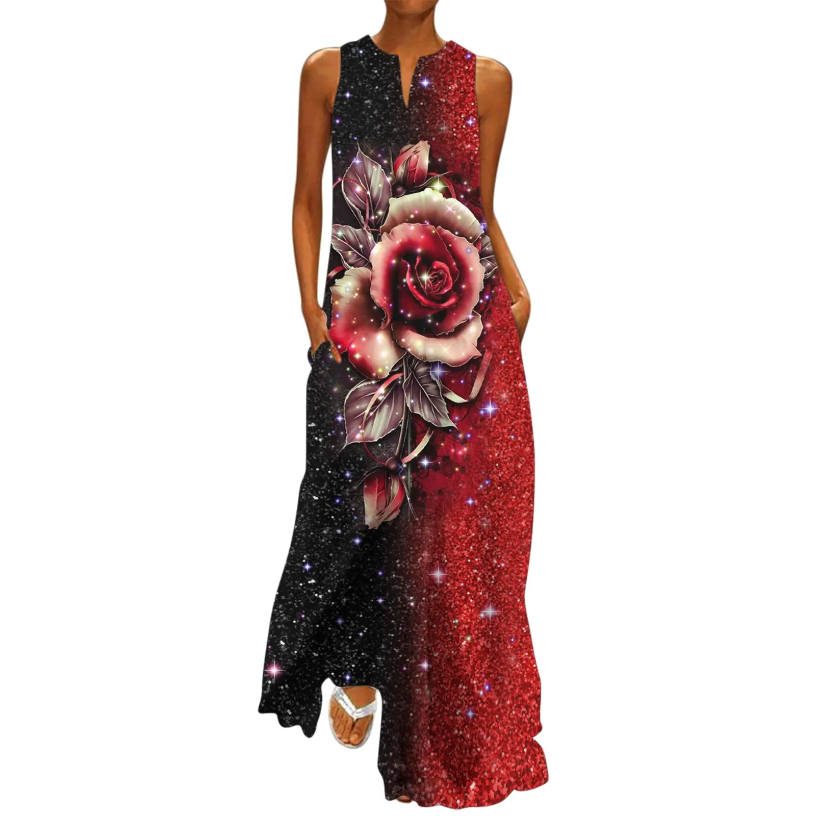 

Женское летнее платье без рукавов, свободные макси платья с V-образным вырезом, пляжный длинный сексуальный сарафан с принтом в стиле бохо и ...