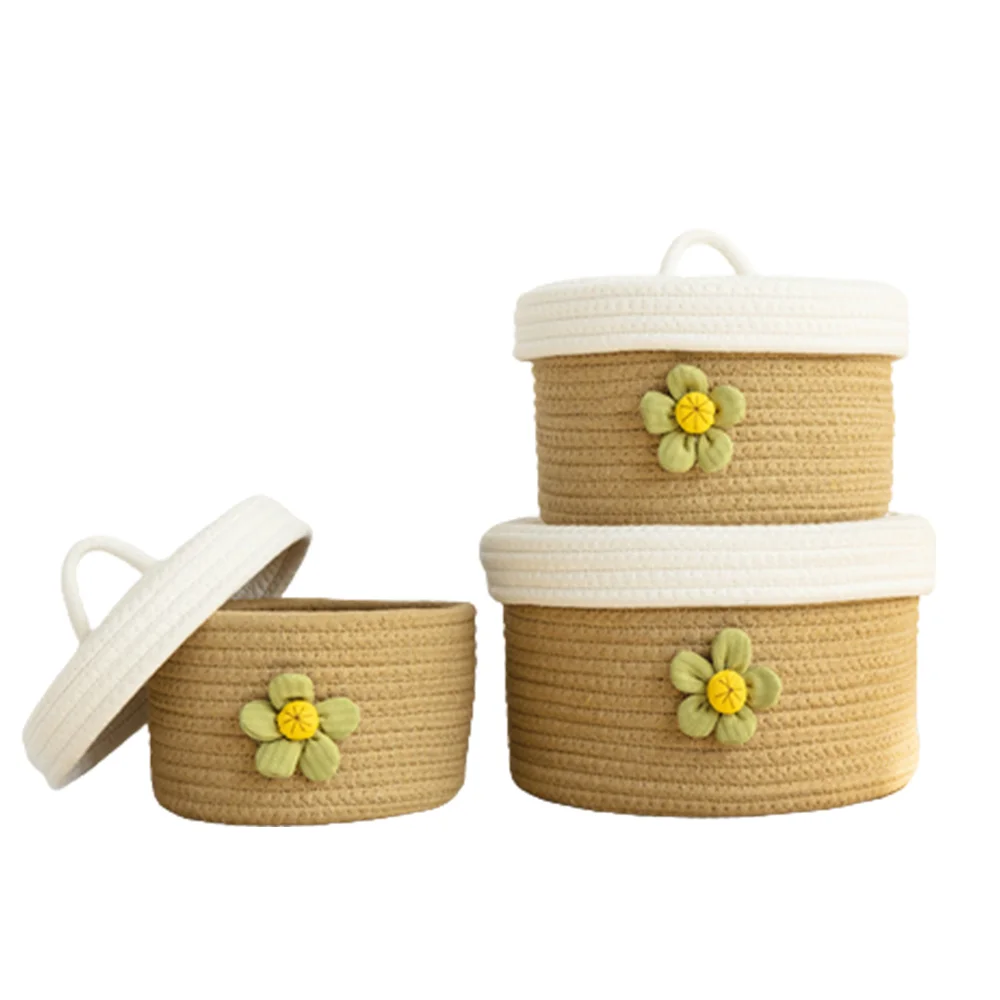 

3Pcs Storage Baskets with Lid Cotton String Baskets for Organizing Baby Nursery Storage Boxes Kid's Toys Gifts(Brown)