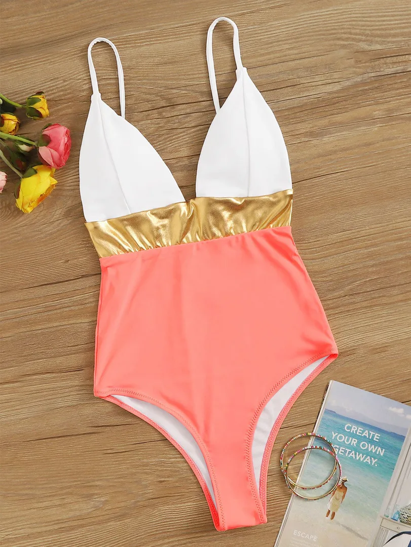 

2021 Sexy One Piece Swimsuit Swimwear Women Hot Stamping Patchwork Bathing Suit Beachwear Costumi Da Bagno Donna Banadores Mujer