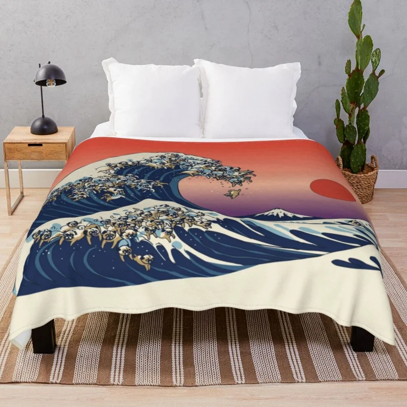 

The Great Wave Of Pug Blanket Flannel Plush Decoration Multifuion Throw Thick blankets for Bedding Home Cou Camp