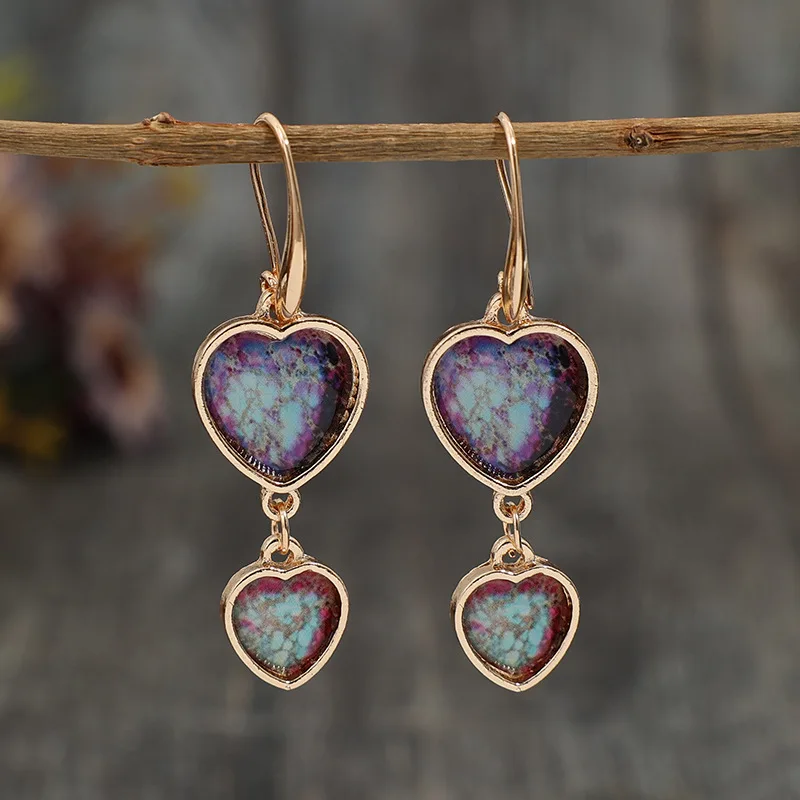 

Vintage Love Gemstone Splicing Heart Dangle Earrings for Women Gold Drop Earrings Party Jewelry Gift