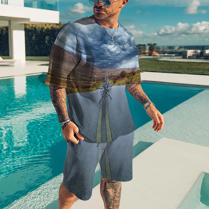 Summer men's casual street beach shorts set 3D printing color sports landscape pattern round neck street short sleeve two-piece