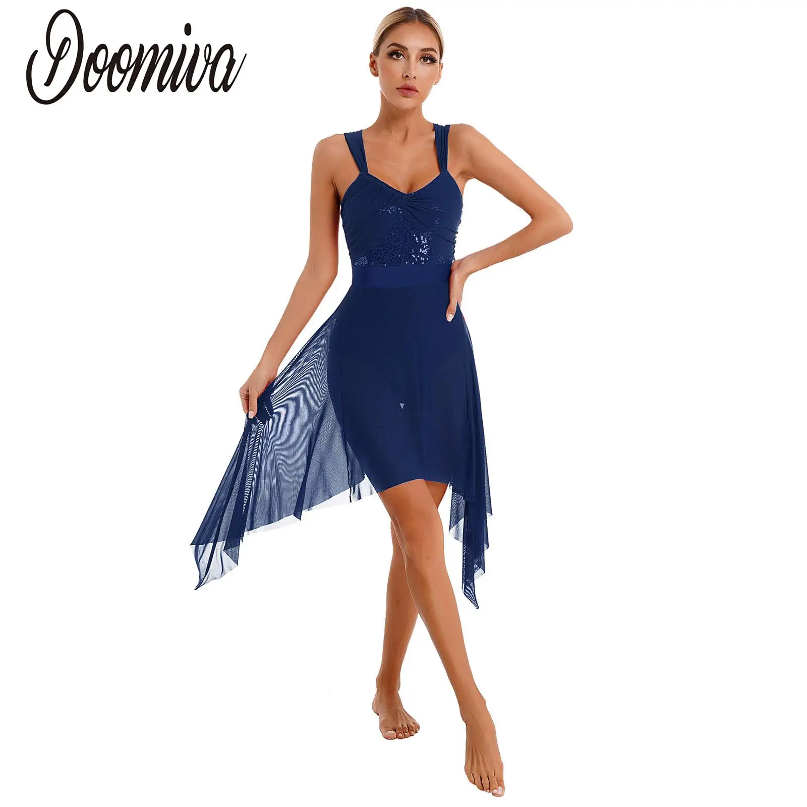 

Womens Sequins Leotard Lyrical Contemporary Dance Dress Shiny Mesh Irregular Hem Modern Dance Costumes for Performance Party