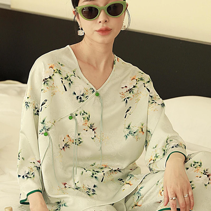 Женская свободная пижама из ледяного шелка брюки с длинным рукавом комплект двух