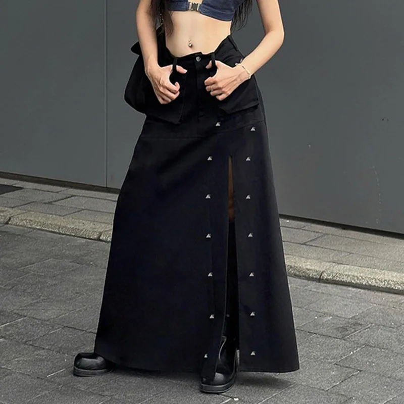 

Goth Dark 90s Grunge Streetwear Rivet Maxi Skirts Cyber Gothic Techwear Y2k Split Sexy Skirt Punk High Waist A-line Long Bottoms