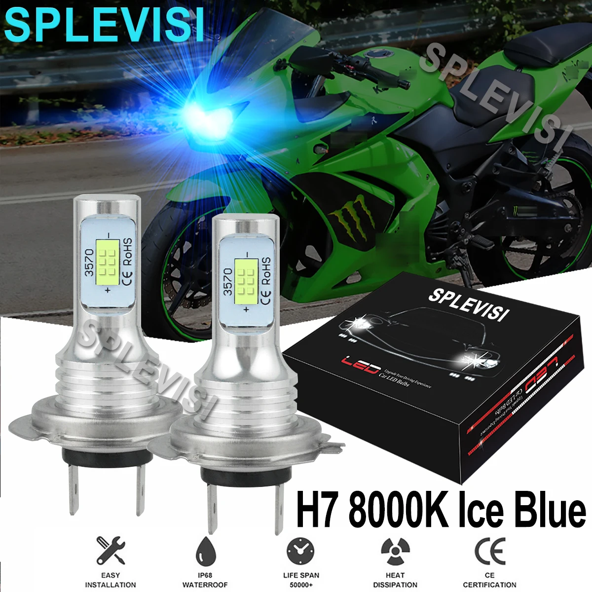 

2x H7 70W 8000K Ice Blue Motorcylce LED H7 Headlight Bulbs Kit For Kawasaki Ninja 250 300 650 ZX6R ZX10 Motorcycle led light