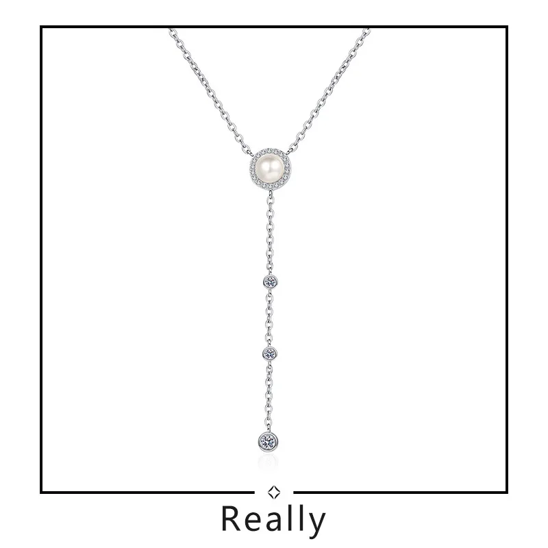 

Really 925 Solid Silver Certified 67Cent Glit ter Moissanite Pearl temperament Y word Necklace Wedding Jewelry Luxury Gift 793