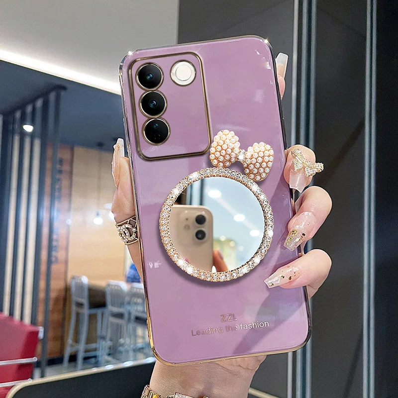 

Textured Bowknot Mirror Phone Case For vivo Y33S V25E Y72 Y75 Y55 5G Y31 Y22 Y35 Y21S Y11S Y02S V21E V25 V21 Y51 Y15S Y11S Cover
