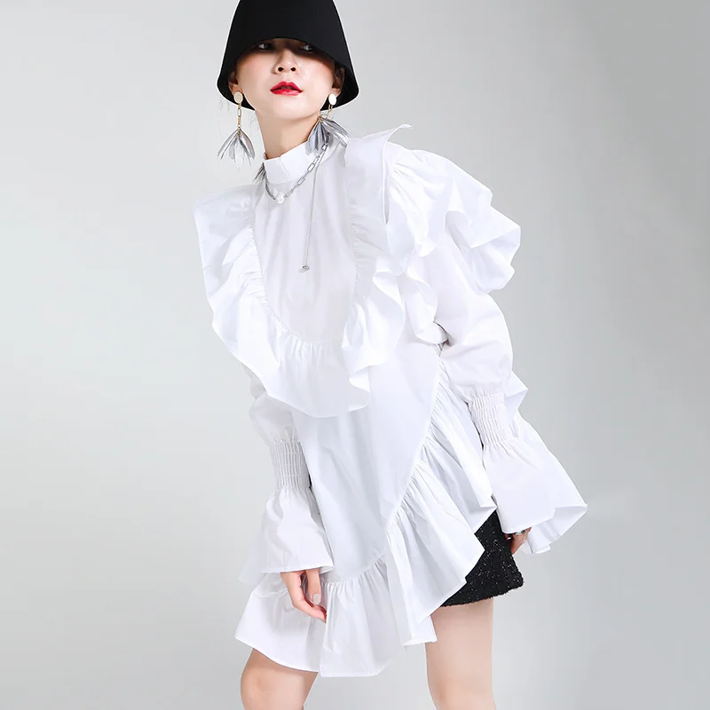 

Женское платье-рубашка с воротником-стойкой, черное или белое платье-рубашка с длинным рукавом и асимметричным подолом во французском стиле, весна-лето 2023