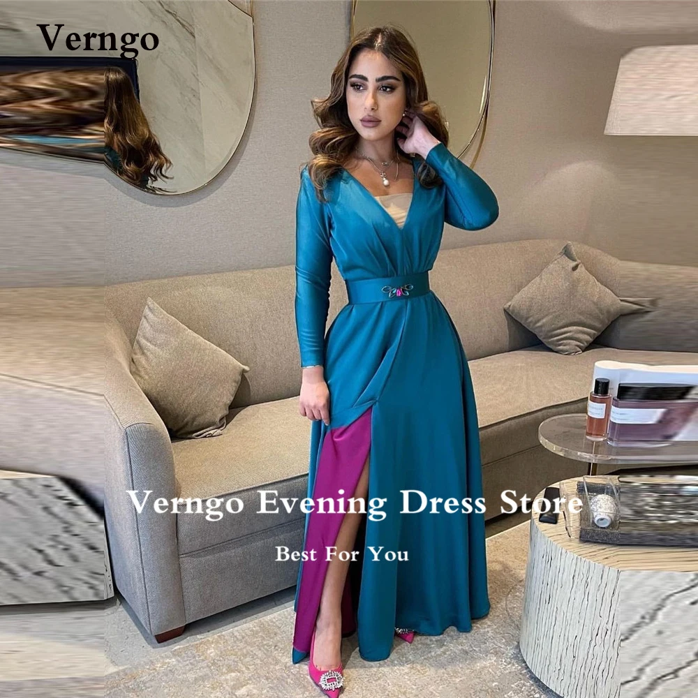 

Verngo Modest Saudi Arabic Formal Prom Dresses Long Sleeves V Neck Side Slit Women Evening Gowns Simple Robe de soiree Plus Size