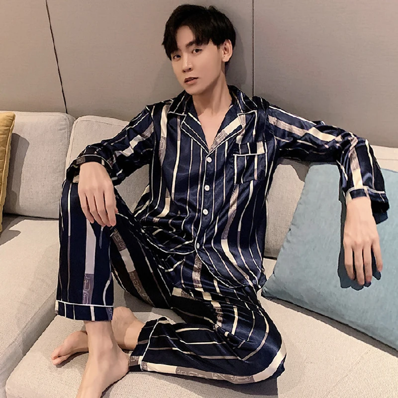 Men's Satin Faux Silk Print 2 Piece Pajama Set Plus Size Loungewear Outerwear Autumn Nightwear Fashion Pyjamas Leisure Sleepwear