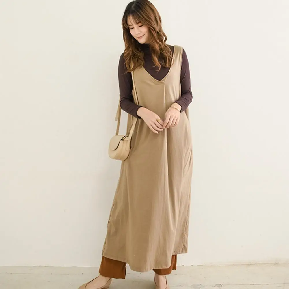 

Popular Women Dress Breathable Midi Dress Pullover Retro Large Hem Solid Color Oversized Autumn Vest Dress Dressing Up