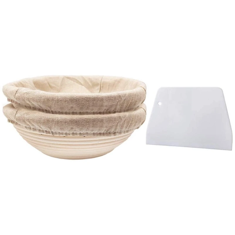 

Round Set,2 Yeast Baskets For Bread And Bread Dough, Banneton Proofing Basket With Linen Inserts,Dough Scraper Set Round