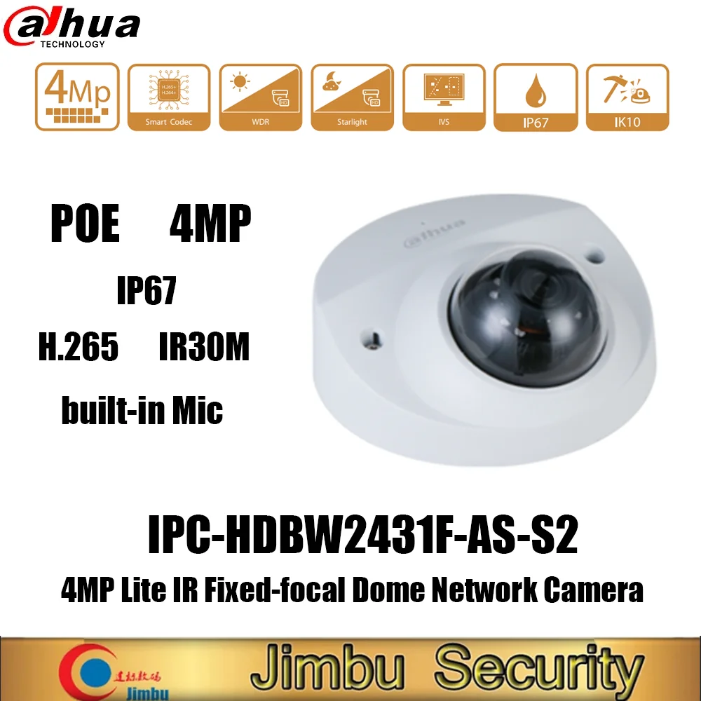 

Dahua IPtv IPC-HDBW2431F-AS-S2 4MP POE H.265 IR30M Built-in Microphone IVS Fixed Focus Dome Fisheye IP Camera English Version