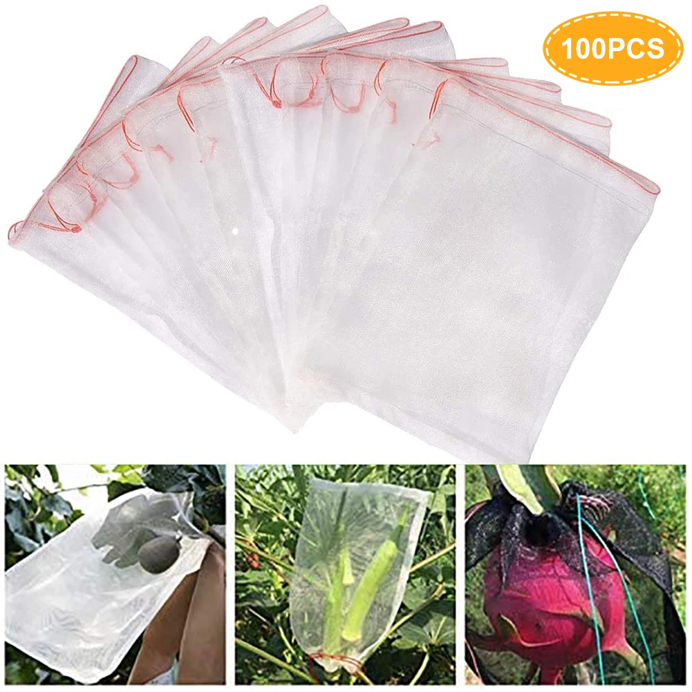 

Garden Netting Bags With Drawstring 100PCS 4x6 Inch Fruit Protection Bags Mesh Pouches Set Bulk For Fruit Trees Vegetable Apples