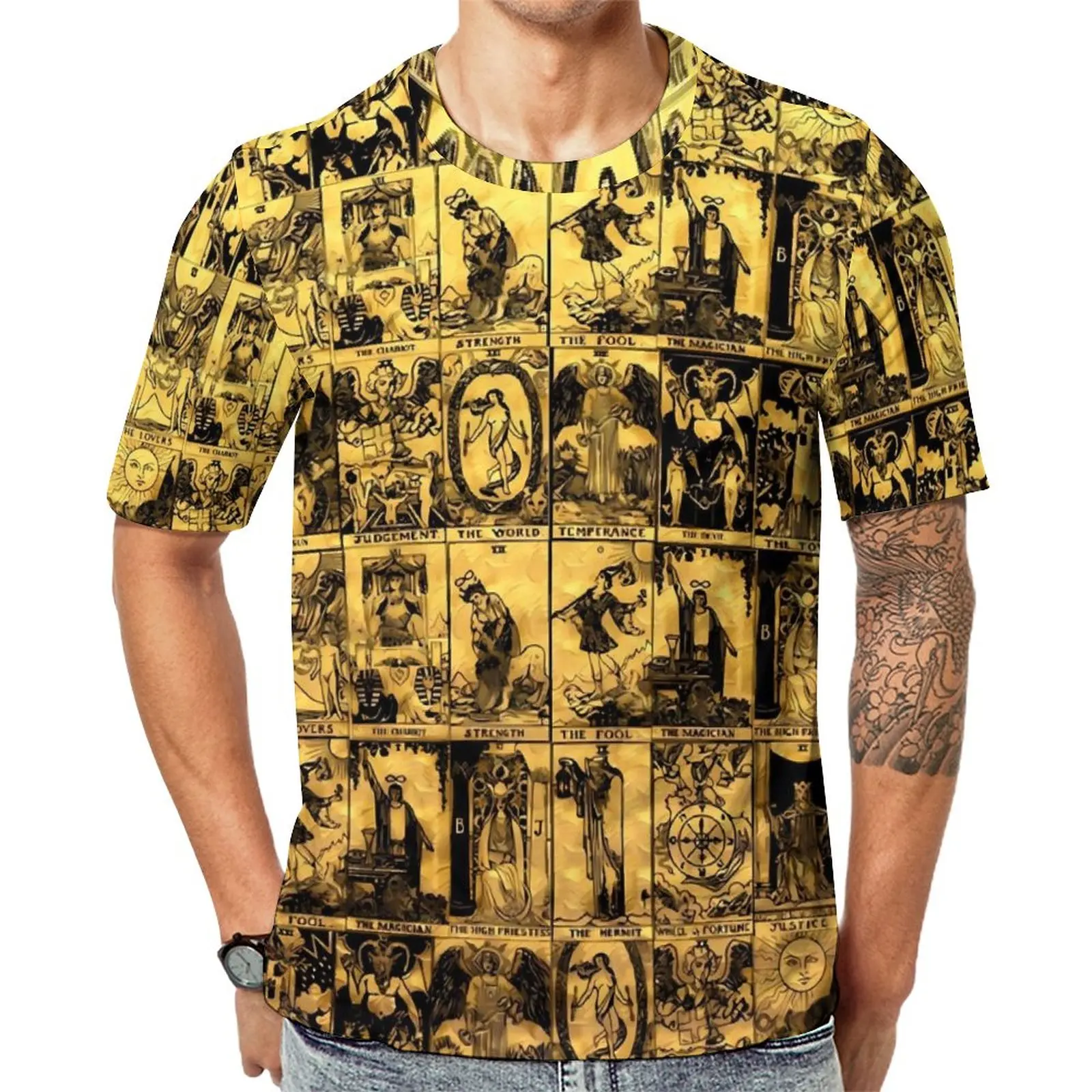

Gold And Black Tarot T-Shirt A Major Arcana Man Vintage T-Shirts Summer Custom Tees Short-Sleeve EMO Oversized Tops Gift