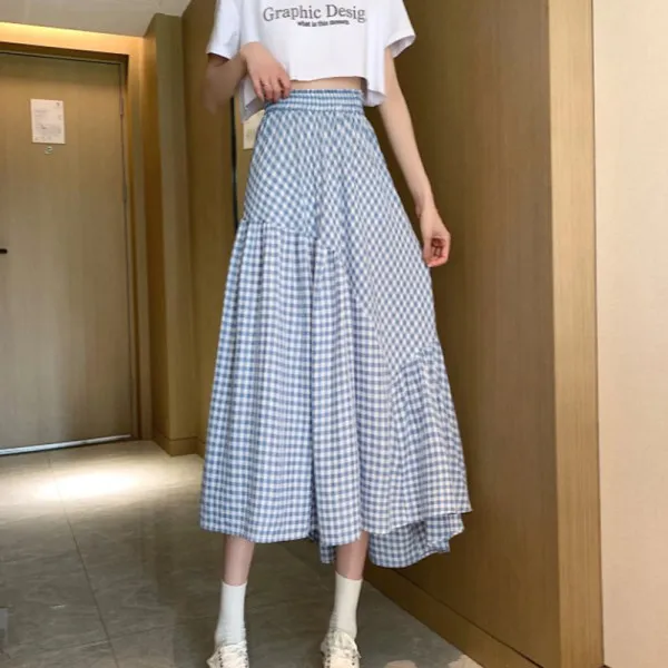 

Женская клетчатая Асимметричная юбка А-силуэта в Корейском стиле, женская повседневная юбка с эластичным поясом и высокой талией, модная од...