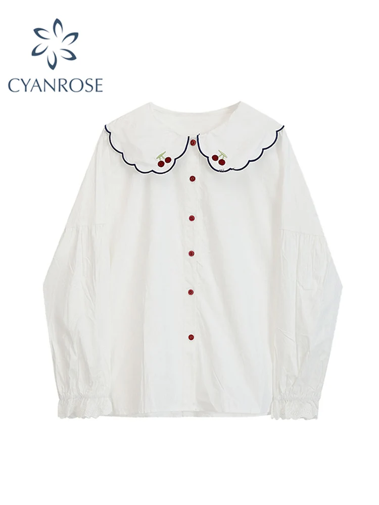 

Korean Style Doll Coll Shirts Kawaii Women White Simple New Arrival 2022 Autumn Harajuku Trendy Loose Blouses Coat Women