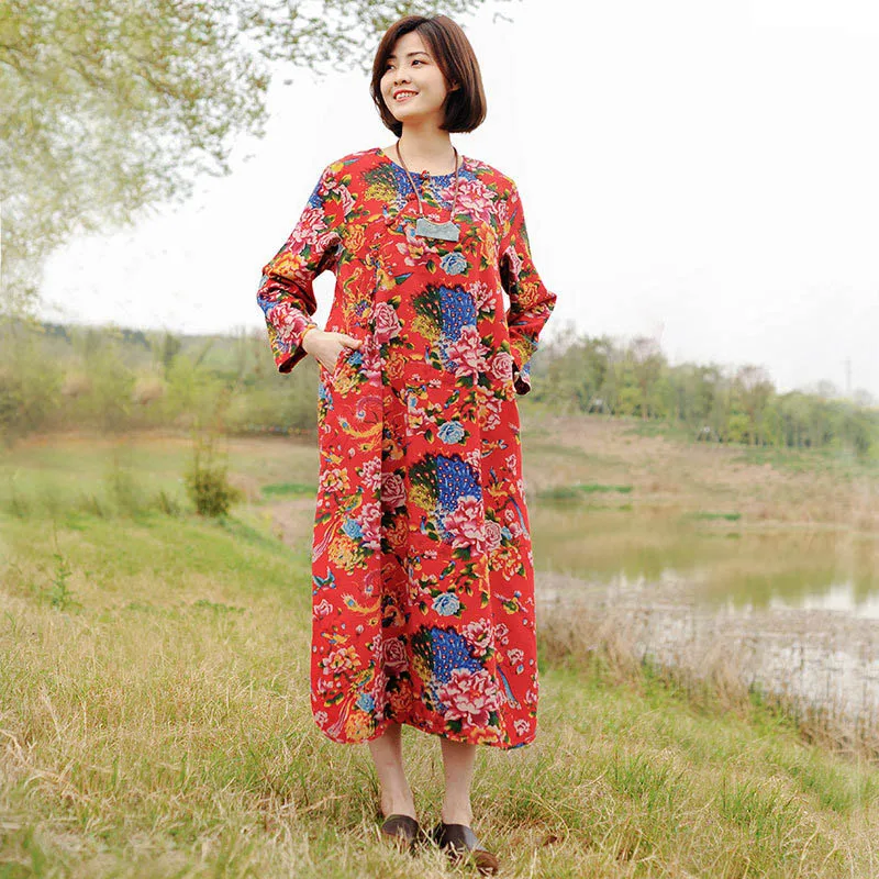 Женское платье с длинным рукавом классическое хлопково-льняное принтом в