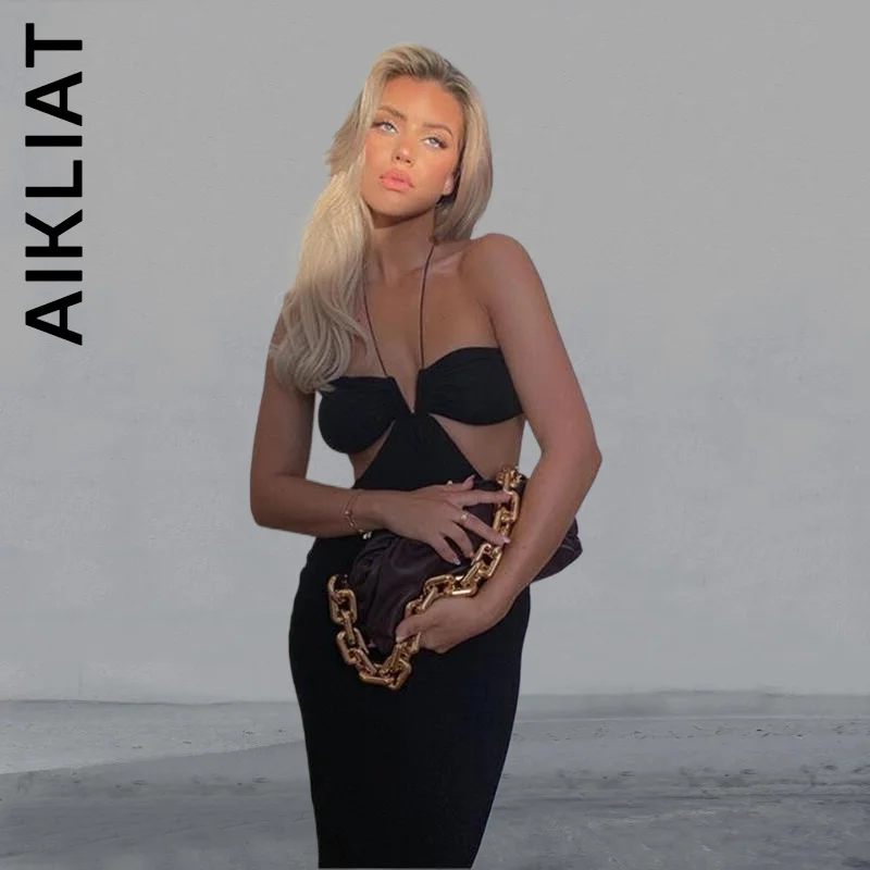 

Aikliat Sleeveless Sexy Long Dress Fashion Dress Korean Chic Backless Spaghetti Strap Halter Dresses Woman Female Vestidos