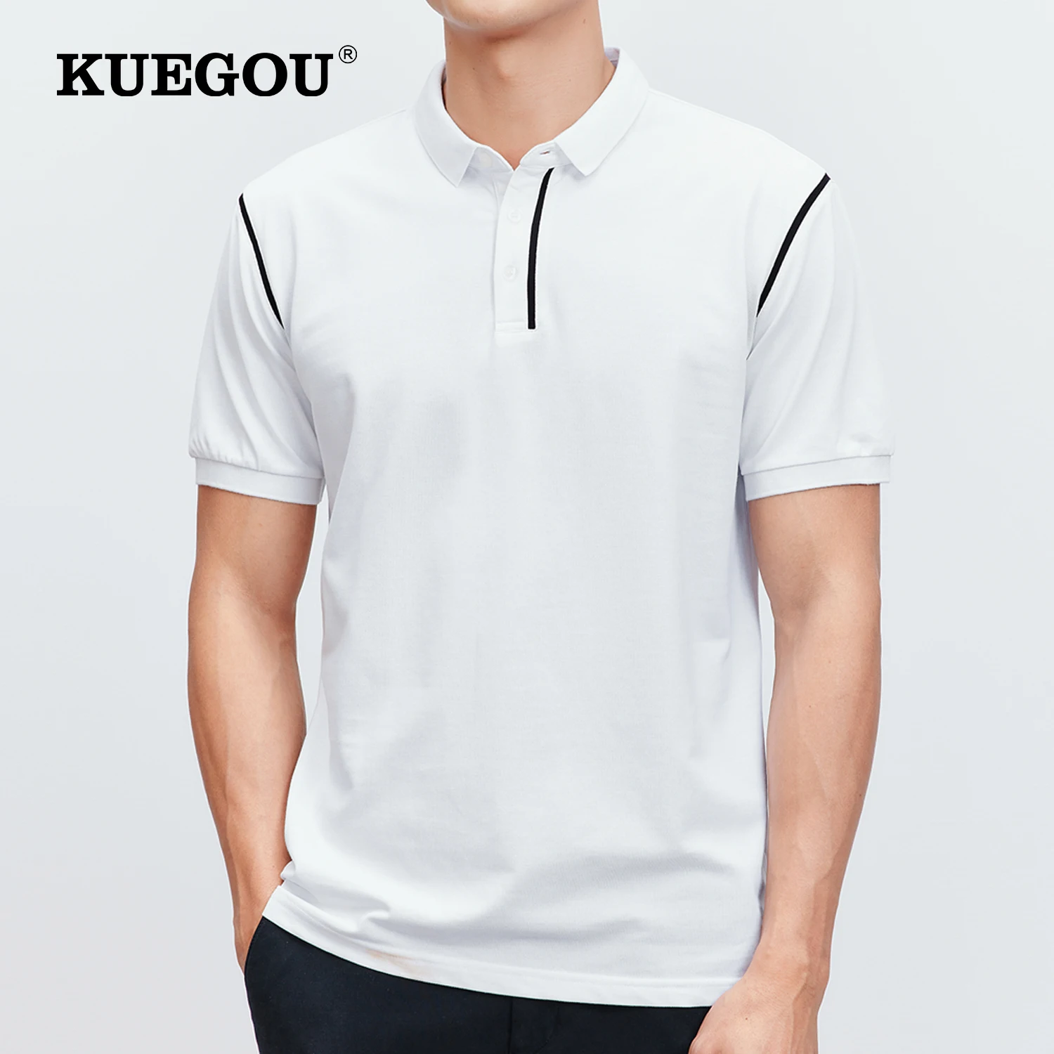 KUEGOU 2022 Summer New Clothing Men's Polo Shirts Short Sleeves Fashion Polos High Quality SlimTop White Plus Size ZT-90064