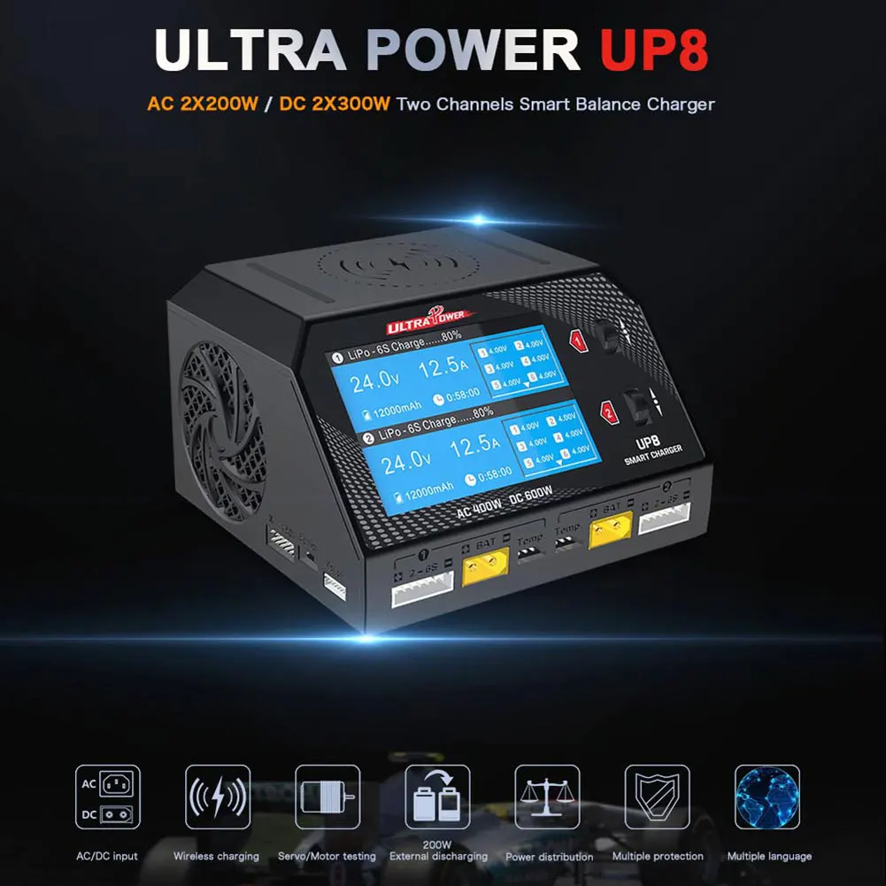 

Зарядное устройство для аккумуляторов POWER UP8, Двухканальное зарядное устройство 2x16A AC 400W DC 600W LiPo LiHV LiIon LiFe NiCd NiMH